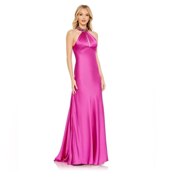 Mac Duggal Size 2 New Beaded Halter Keyhole Column Gown Barbiecore Fuchsia Pink - Picture 1 of 13